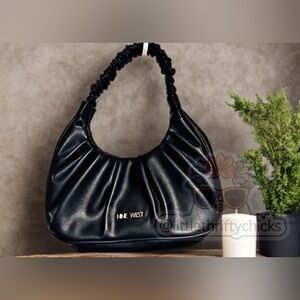 Nine West Bayfield Black Pleated Hobo Bag Ruched Strap Shoulder Tote Handbag